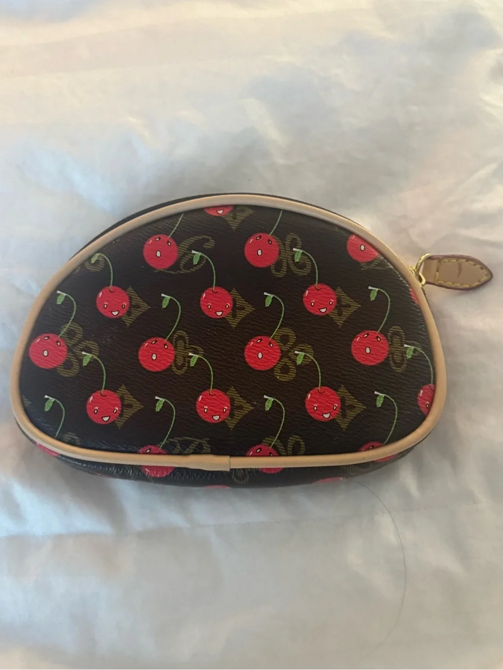 Cherry Print Monogram Dome Cosmetic Pouch Brown Makeup Bag